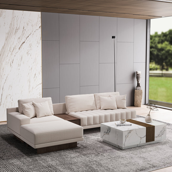 Modular Fabric Sectional Sofa Set with Wood Block Coffee Table