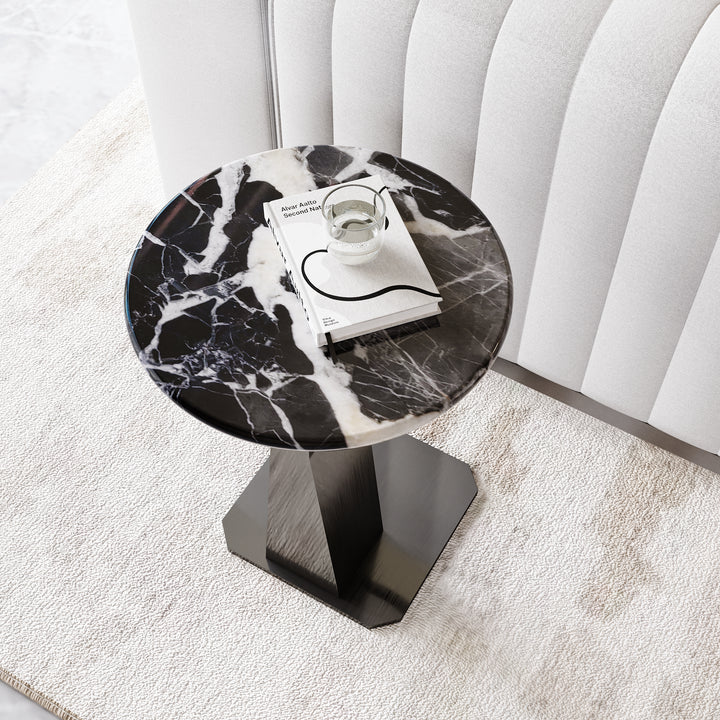 Marble Top C-shape Side Table Modern Black & Silver End Table