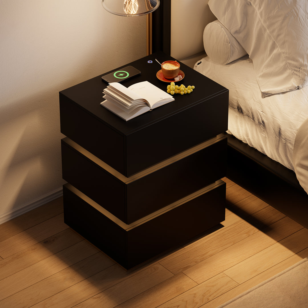 Smart 3-Drawer Nightstand with Charging Station Bedside Table with Light in Black