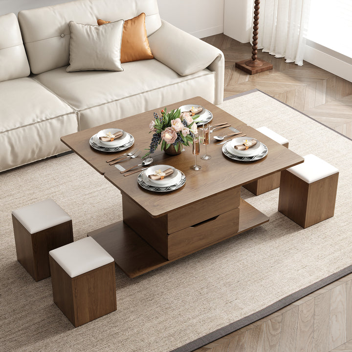 Modern Walnut Lift Top Coffee Table 4 in 1 with Storage Ottoman Foldable and Casters