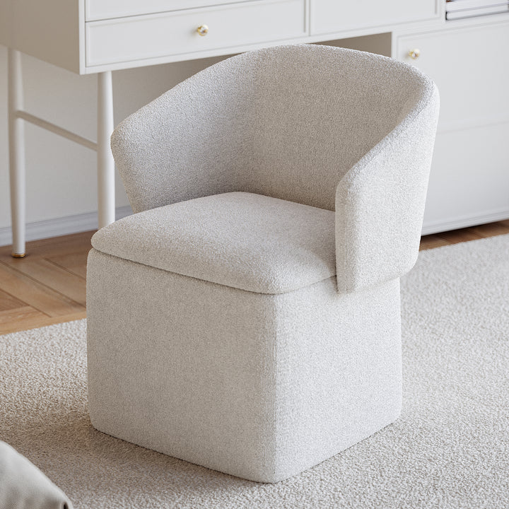 Modern White Boucle Vanity Stool with Storage