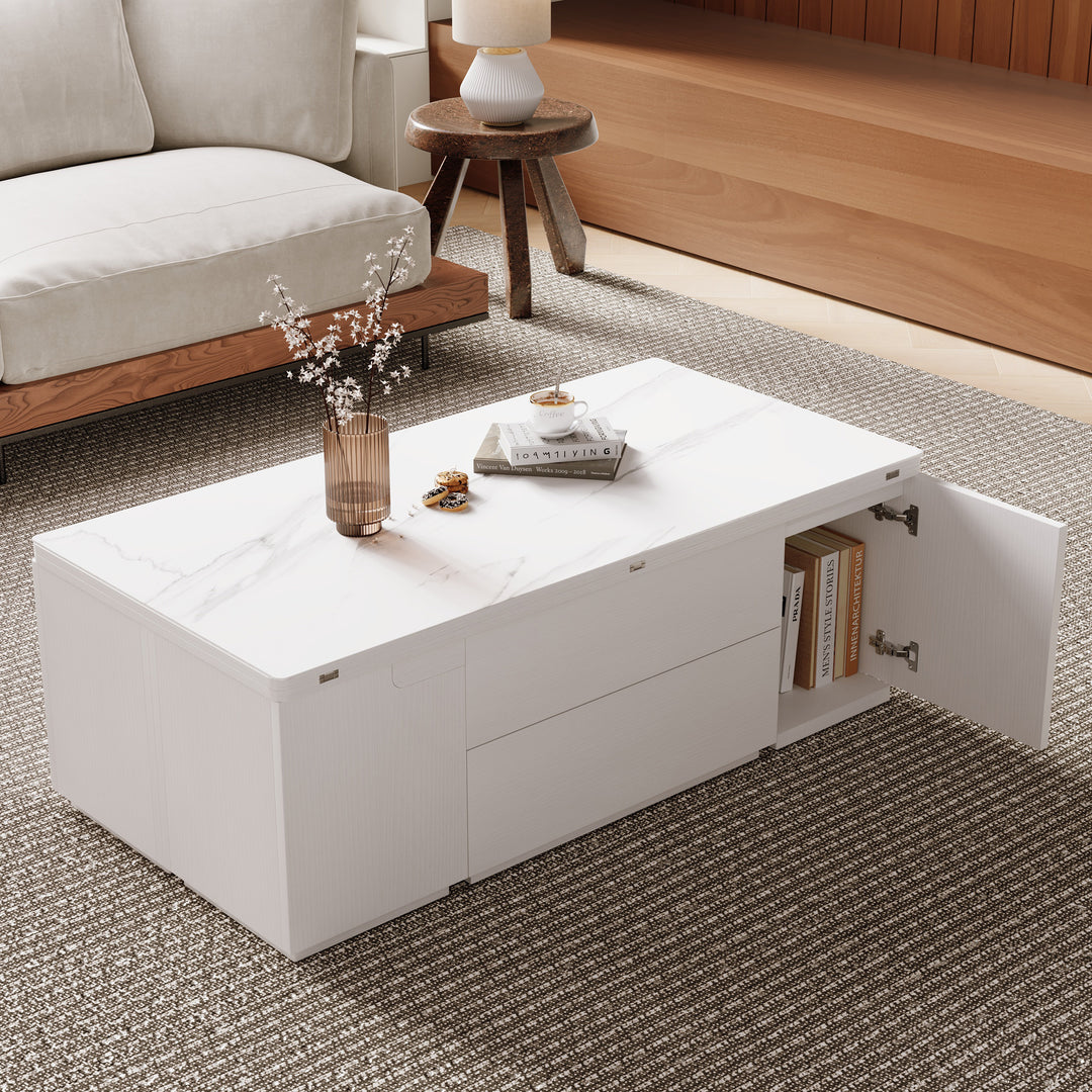 Modern White Lift Top Marble Coffee Table with Drawers & Storage Multifunction Table