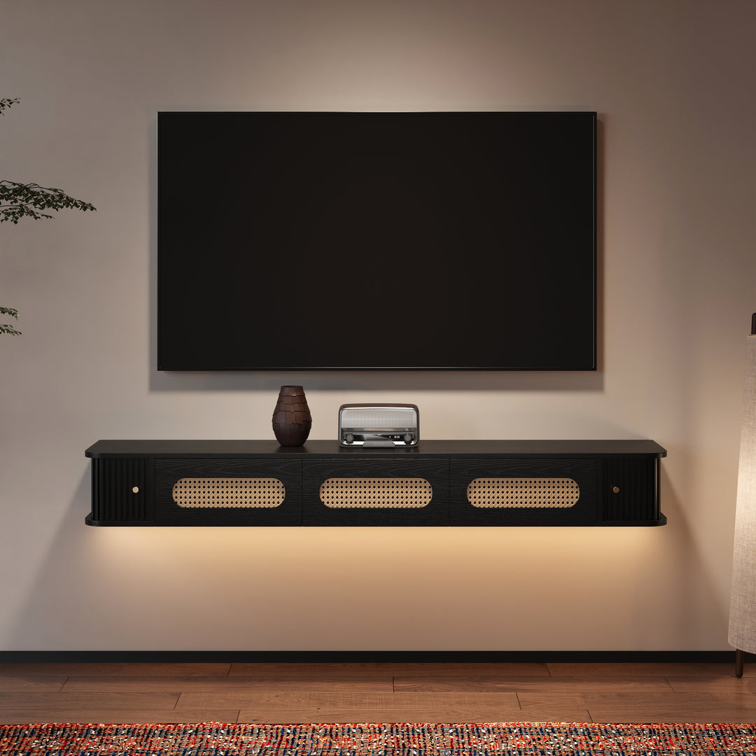 Ratten 1600mm LED Floating TV Stand Mid-Century Modern Black Media Console