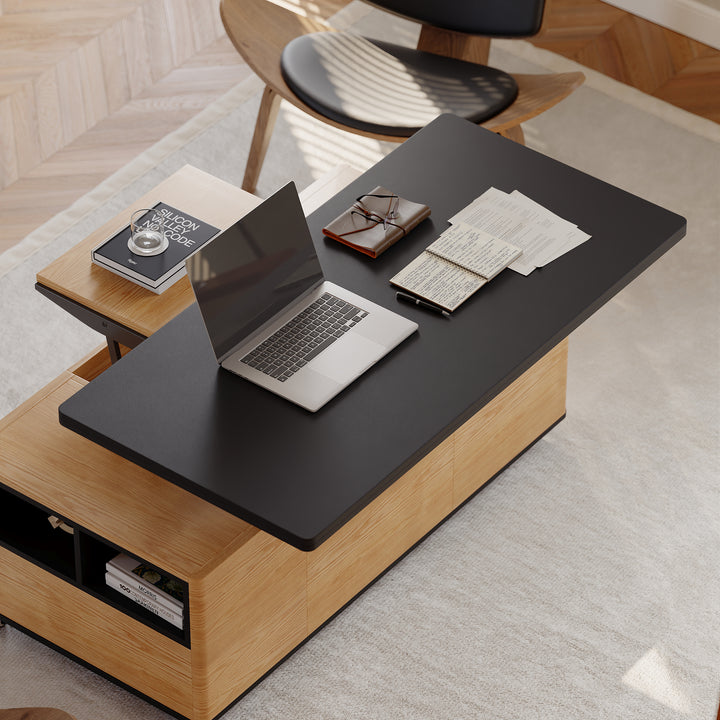 Modern Lift Top Coffee Table Multi Functional Table with 3 Drawers in Natural & Black