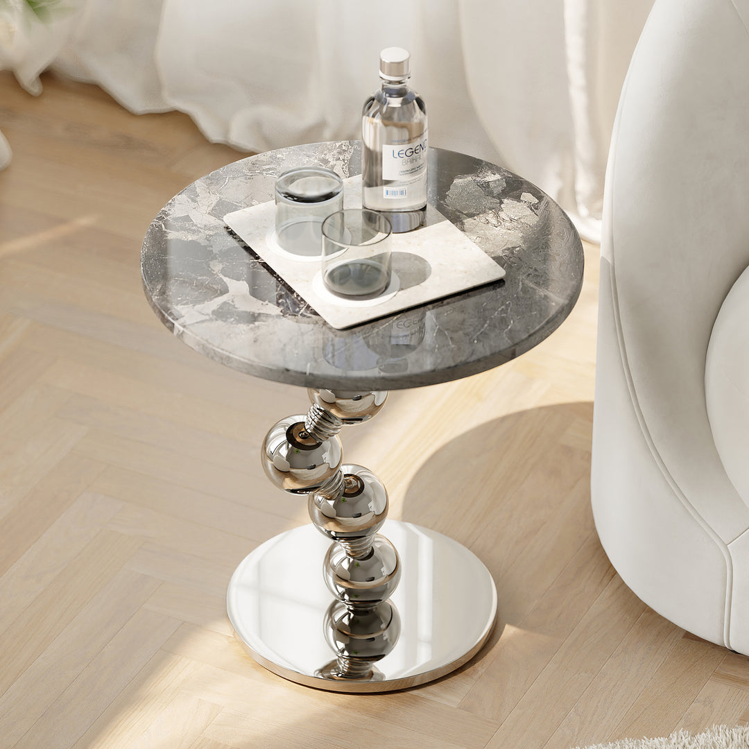 500mm Silver Side Table Round Faux Marble Top Chrome Base