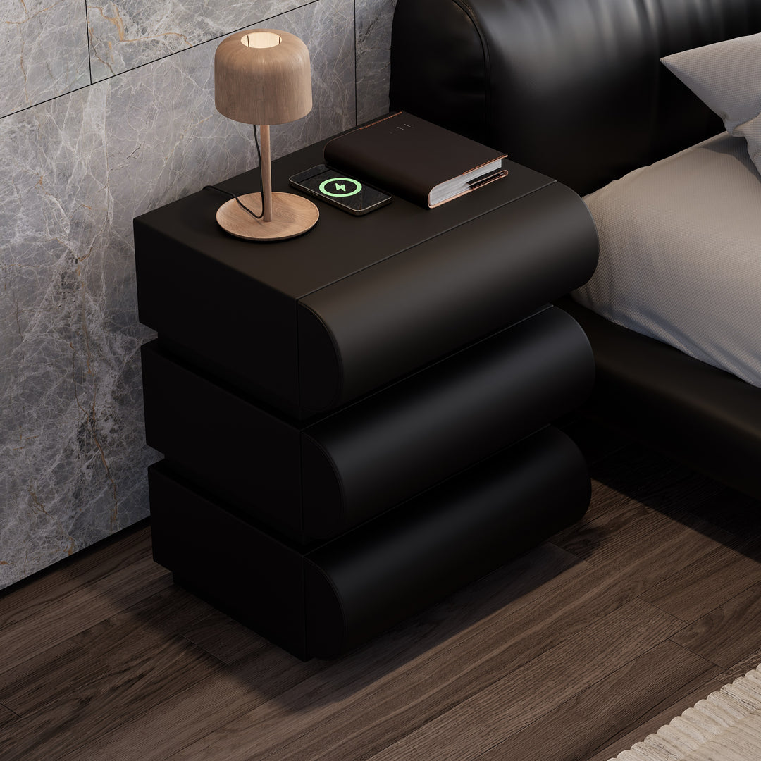 Modern Black Leather Smart Nightstand with Wireless Charger 3 Drawers Bedside Table with USB & Type-C Ports