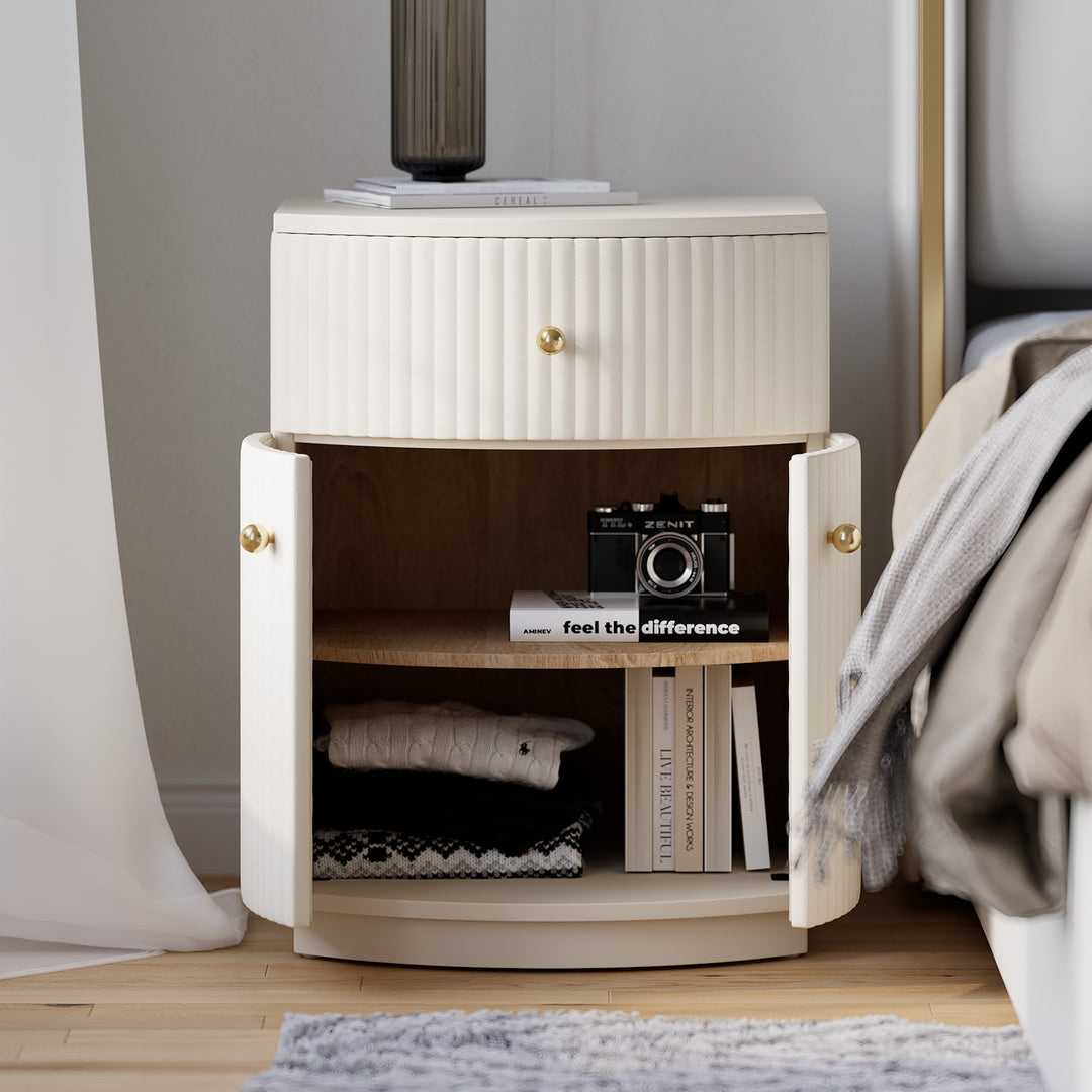 Modern Barrel White Fluted Nightstand in Faux Leather Bedside Table with Storage