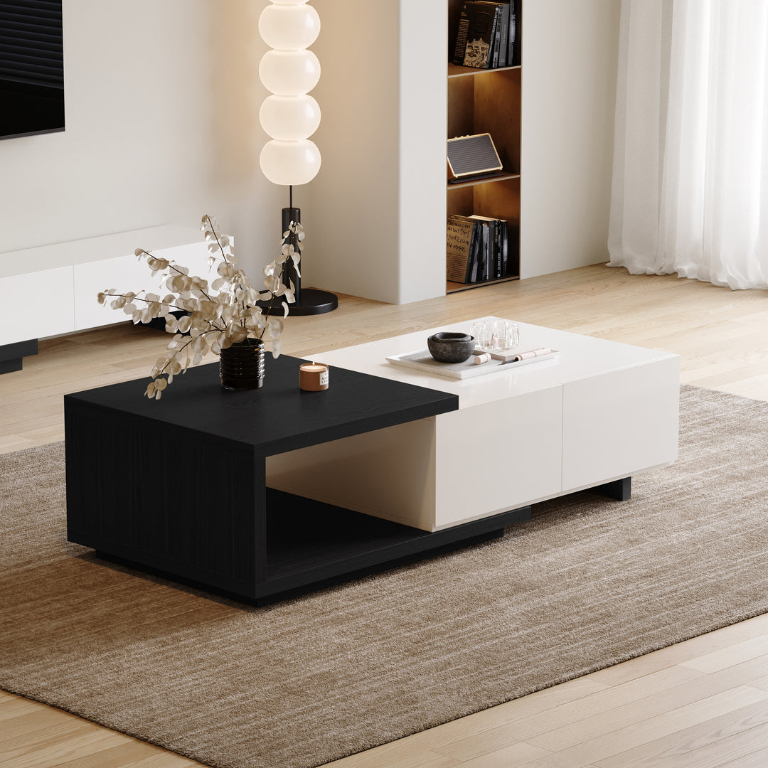 Quoint 1750mm Modern White & Black Coffee Table Retracted & Extendable with 2-Drawer