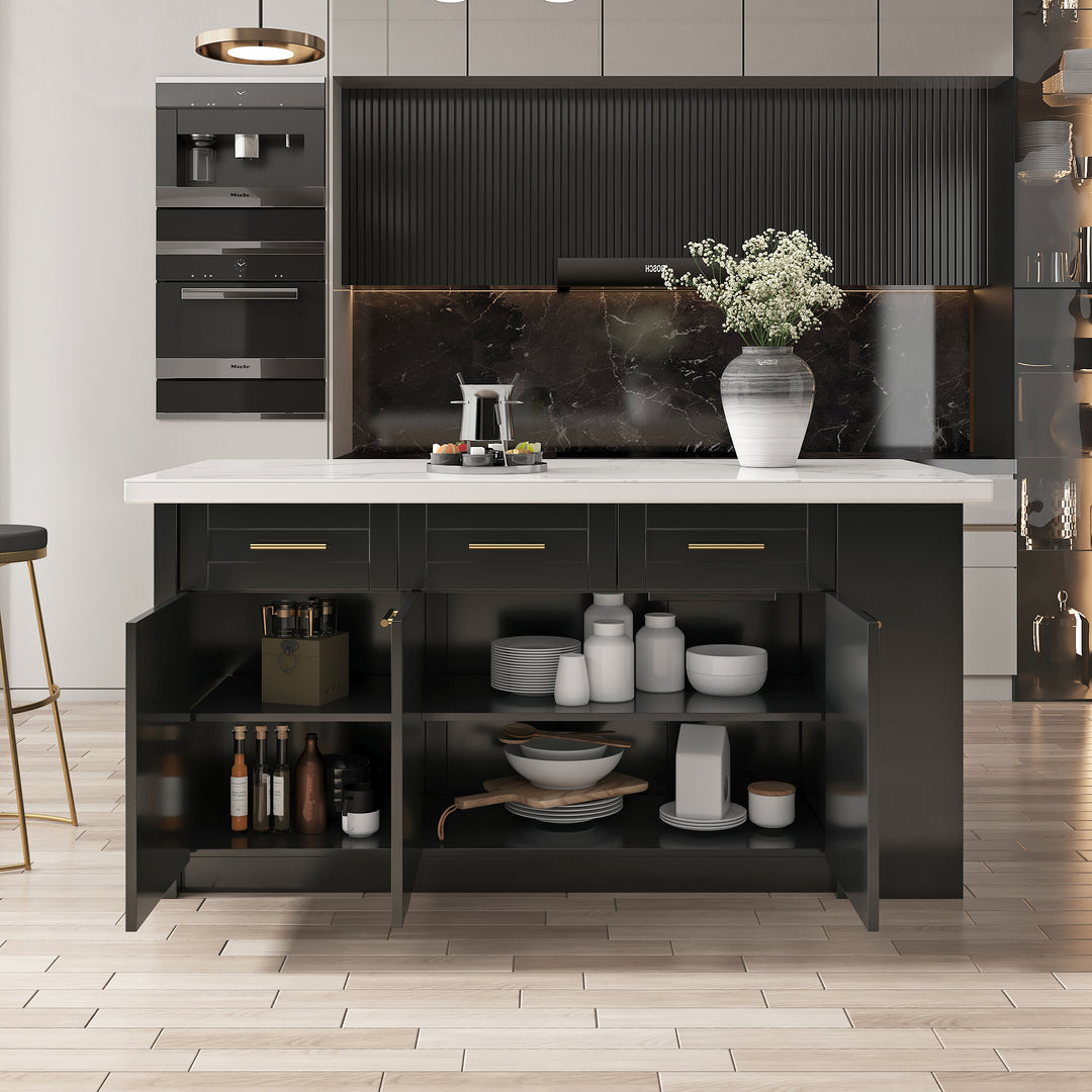 70.9" Kitchen Islands Faux Marble Top with Storage White & Black Modern Sintered Stone Kitchen Cabinet