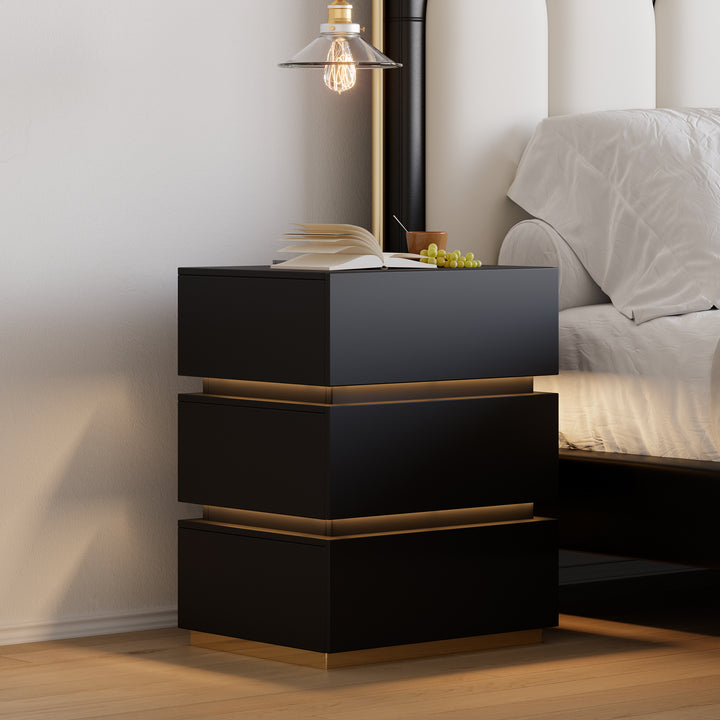 Smart 3-Drawer Nightstand with Charging Station Bedside Table with Light in Black