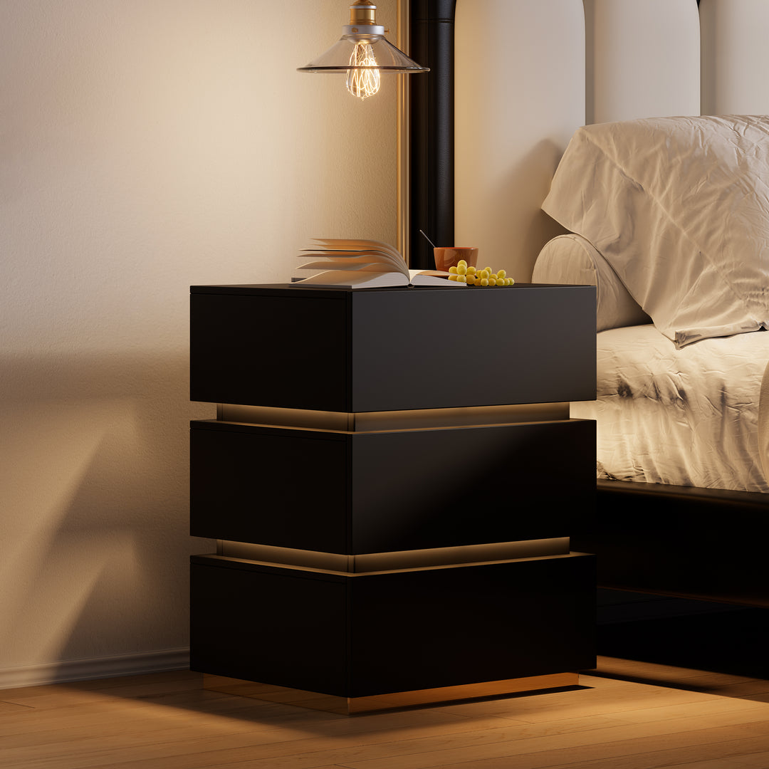 Smart LED 3 Drawer Nightstand Wireless Charging Station Bedside Table with Light Modern Black