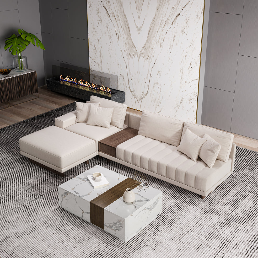 Modular Fabric Sectional Sofa Set with Wood Block Coffee Table