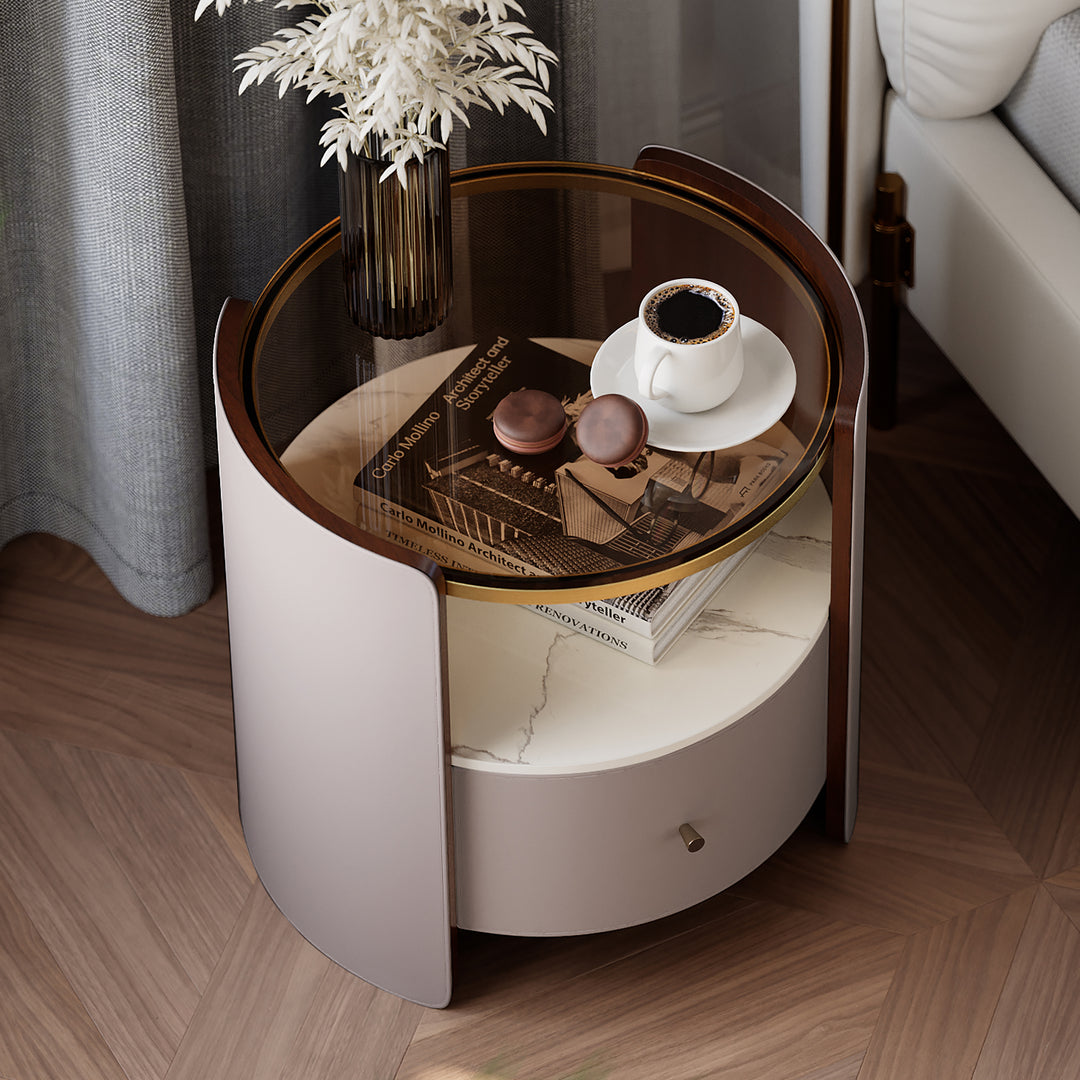 Modern Round Grey Leather Nightstand with Glass Top & Sintered Stone Bedside with Shelf