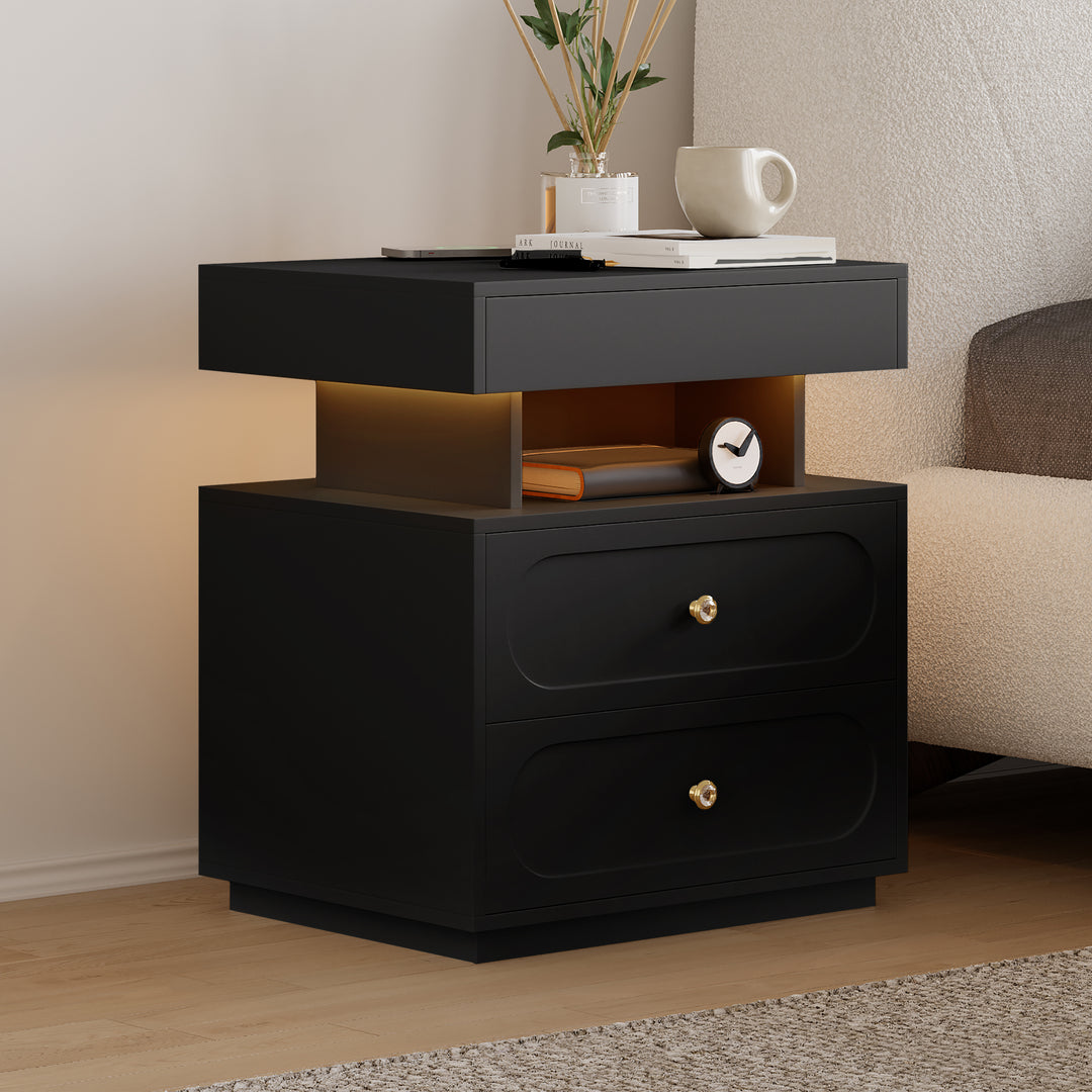 Modern Smart Nightstand with Light 2 Drawer Bedside Table with Charging Station