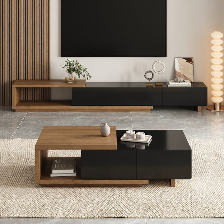 Homary Quoint 100.4" Modern Black TV Stand Retracted & Extendable 3-Drawer Media Console Walnut