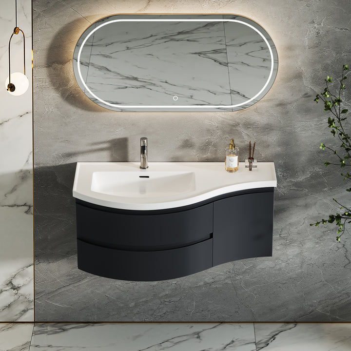 35.4" Floating Curved Bathroom Vanity Wall Mounted Half-Circle Black Bathroom Cabinet with Sink