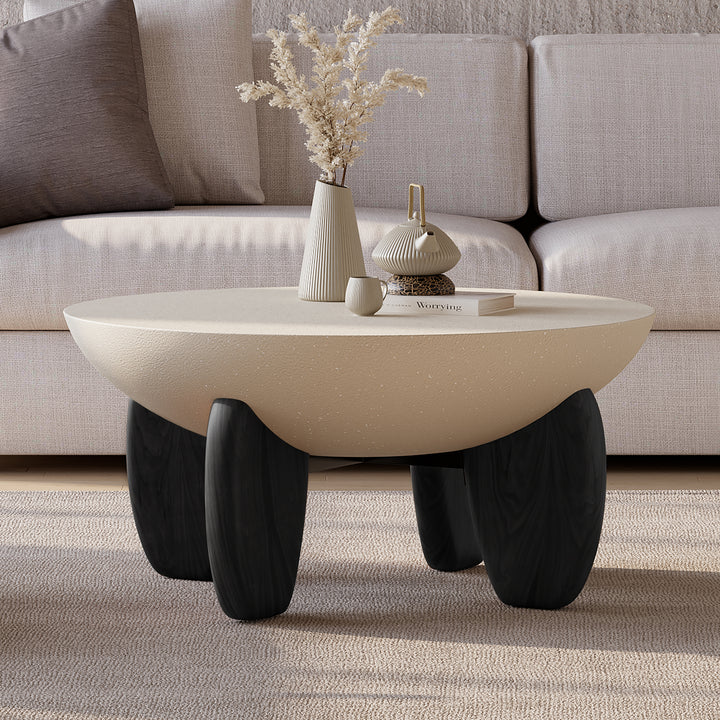 Curva Round Small Modern Beige & Black Coffee Table Concrete & Wood Accent Table