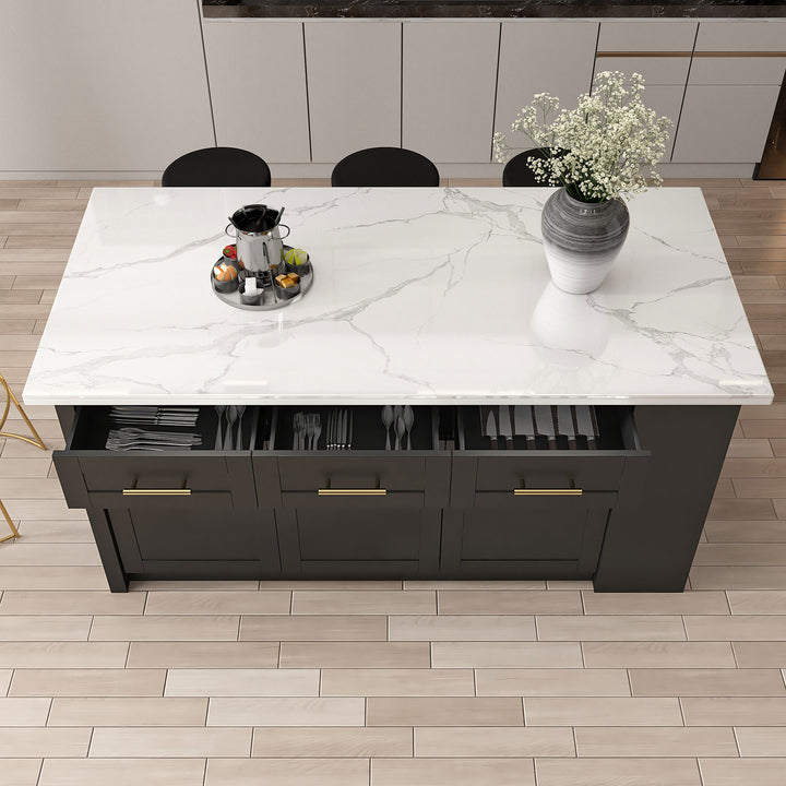 70.9" Kitchen Islands Faux Marble Top with Storage White & Black Modern Sintered Stone Kitchen Cabinet