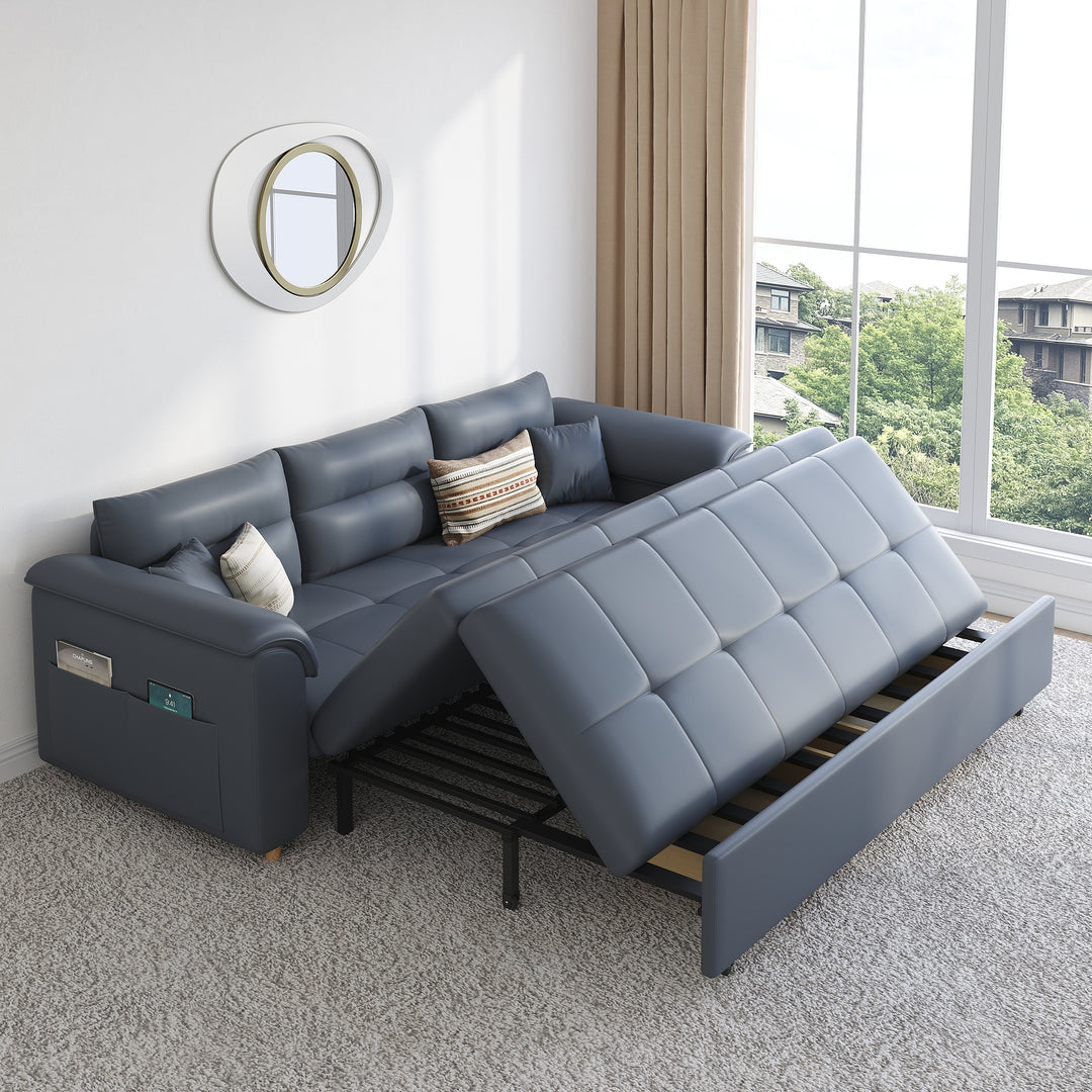 74" Leath-Aire Convertible Sofa Bed Deep Gray Full Sleeper Sofa with Storage & Side Pockets