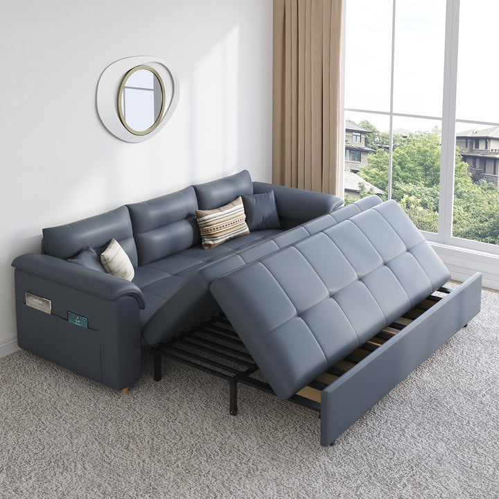 74" Leath-Aire Convertible Sofa Bed Deep Gray Full Sleeper Sofa with Storage & Side Pockets