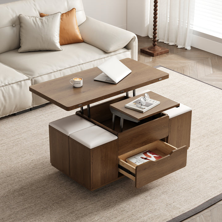 Modern Walnut Lift Top Coffee Table 4 in 1 with Storage Ottoman Foldable and Casters