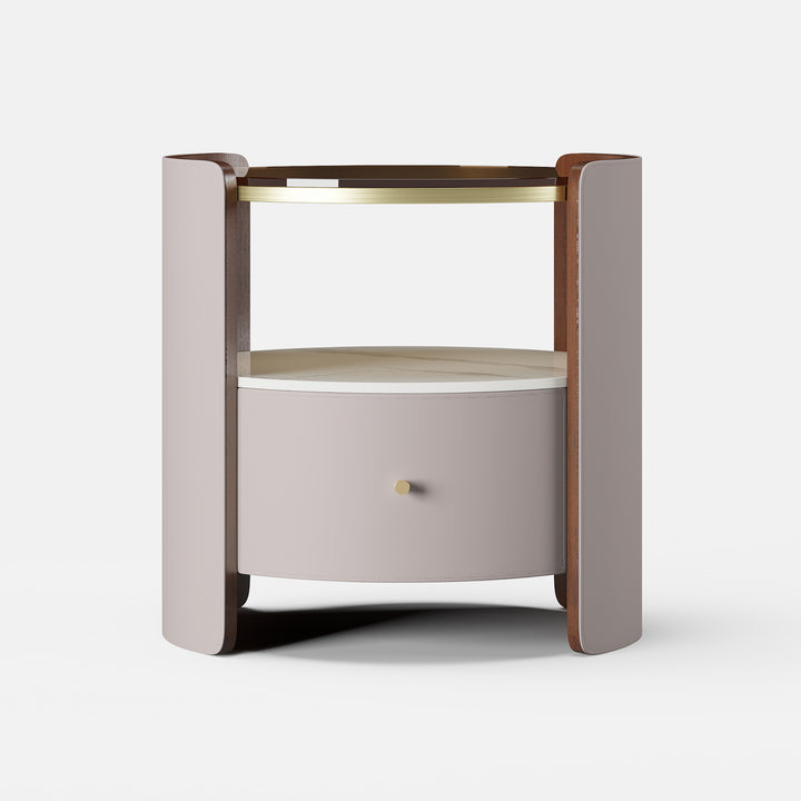 Modern Round Grey Leather Nightstand with Glass Top & Sintered Stone Bedside with Shelf