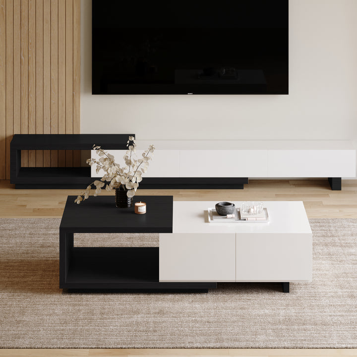 Quoint 1750mm Modern White & Black Coffee Table Retracted & Extendable with 2-Drawer