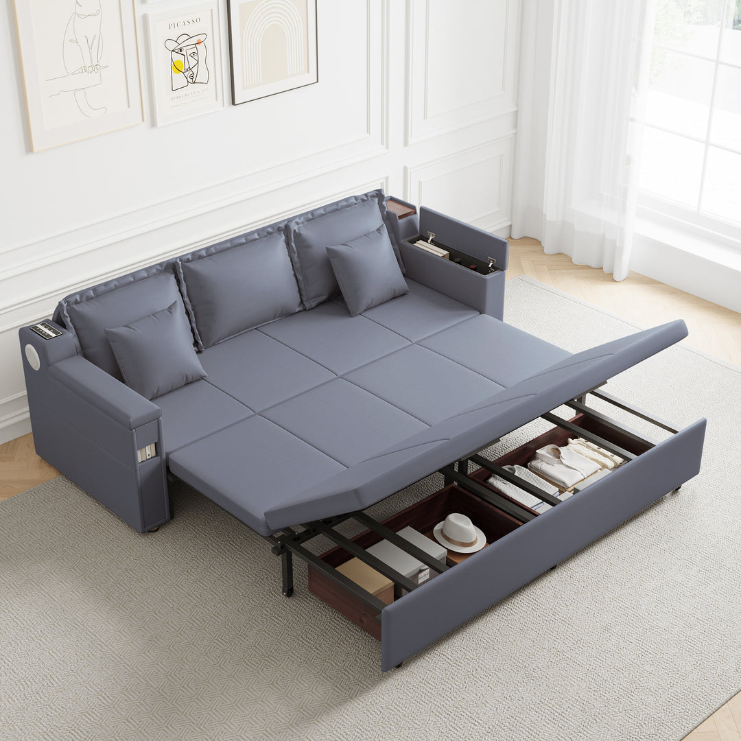 82.7" Convertible Bed Full Sleeper Sofa Leath-aire Upholstered Storage with Speaker