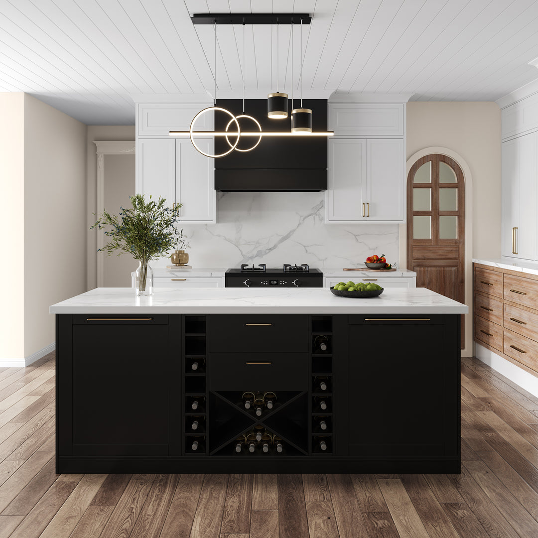 72'' Marble Kitchen lsland Faux Marble with Wine Storage Black Modern Large Kitchen Cabinet