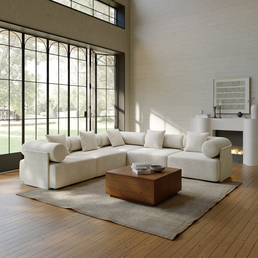 2800mm 5-Piece Modular White Performance Velvet L-Shape Sectional Sofa & Wooden Walnut Coffee Table