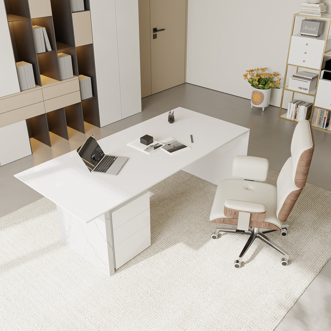 1800mm Modern Wooden White Home Office Desk & Off White Home Office Chair Set High Back