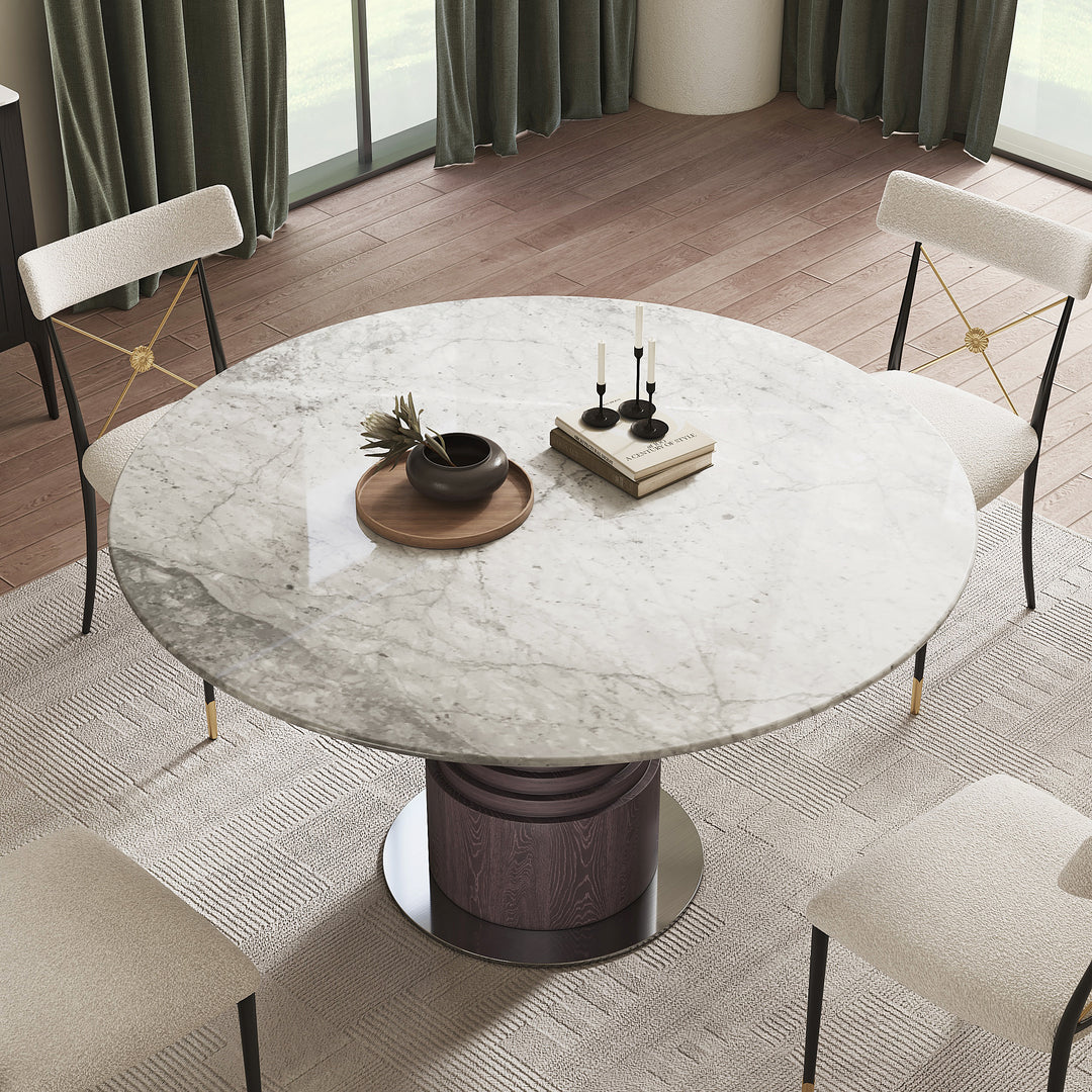 53.5" Round Dining Table Faux Marble for 6 Gray Modern with Solid Wood Pedestal