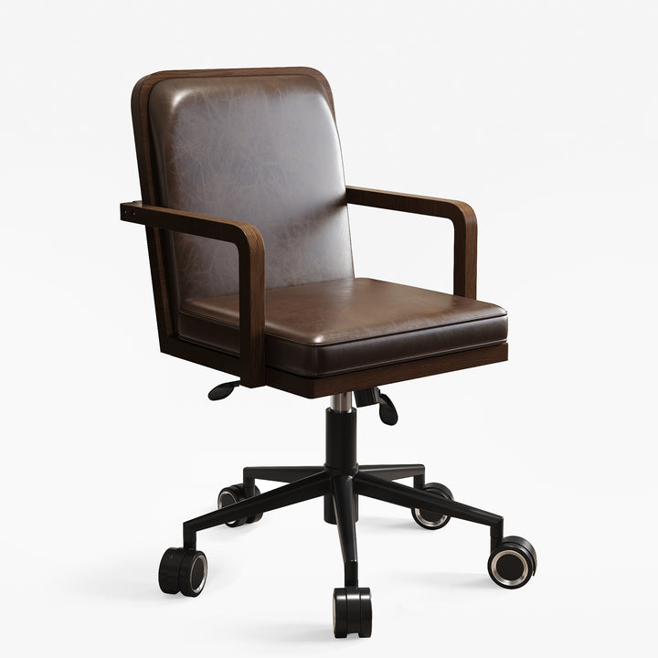 Adjustable High Back Mid-Century Office Chair Faux Leather & Wood Comfy Office Chair in Brown