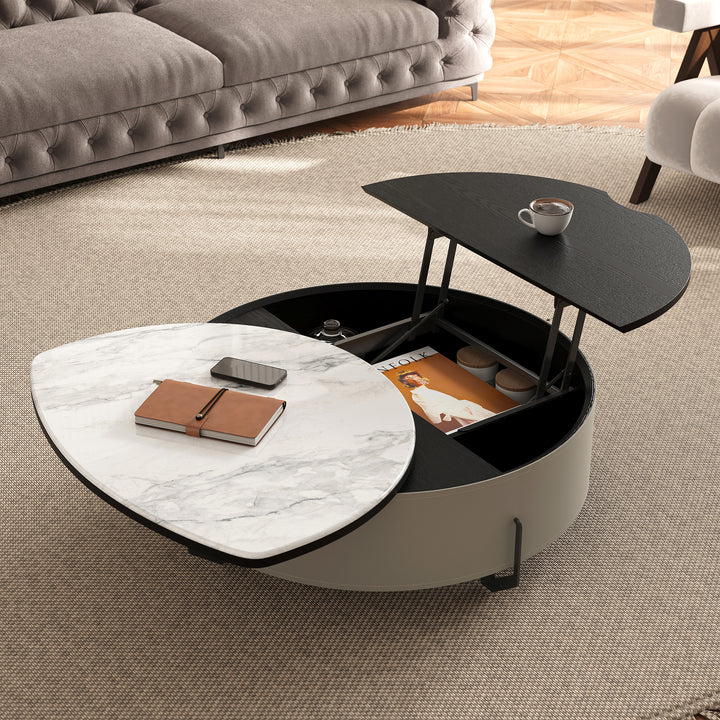 Round Lift-Top Coffee Table with Modern Faux Marble Tabletop and Leather Side