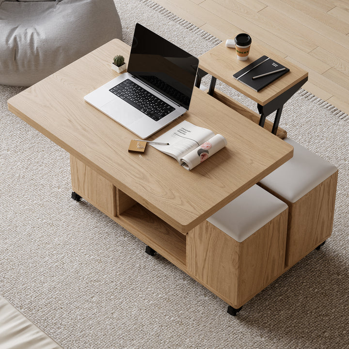 Modern Natural Lift Top Coffee Table 4 in 1 with Storage Ottoman Foldable and Casters