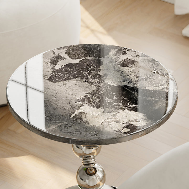 500mm Silver Side Table Round Faux Marble Top Chrome Base