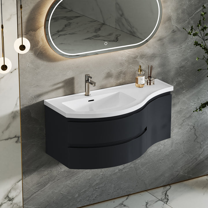 35.4" Floating Curved Bathroom Vanity Wall Mounted Half-Circle Black Bathroom Cabinet with Sink