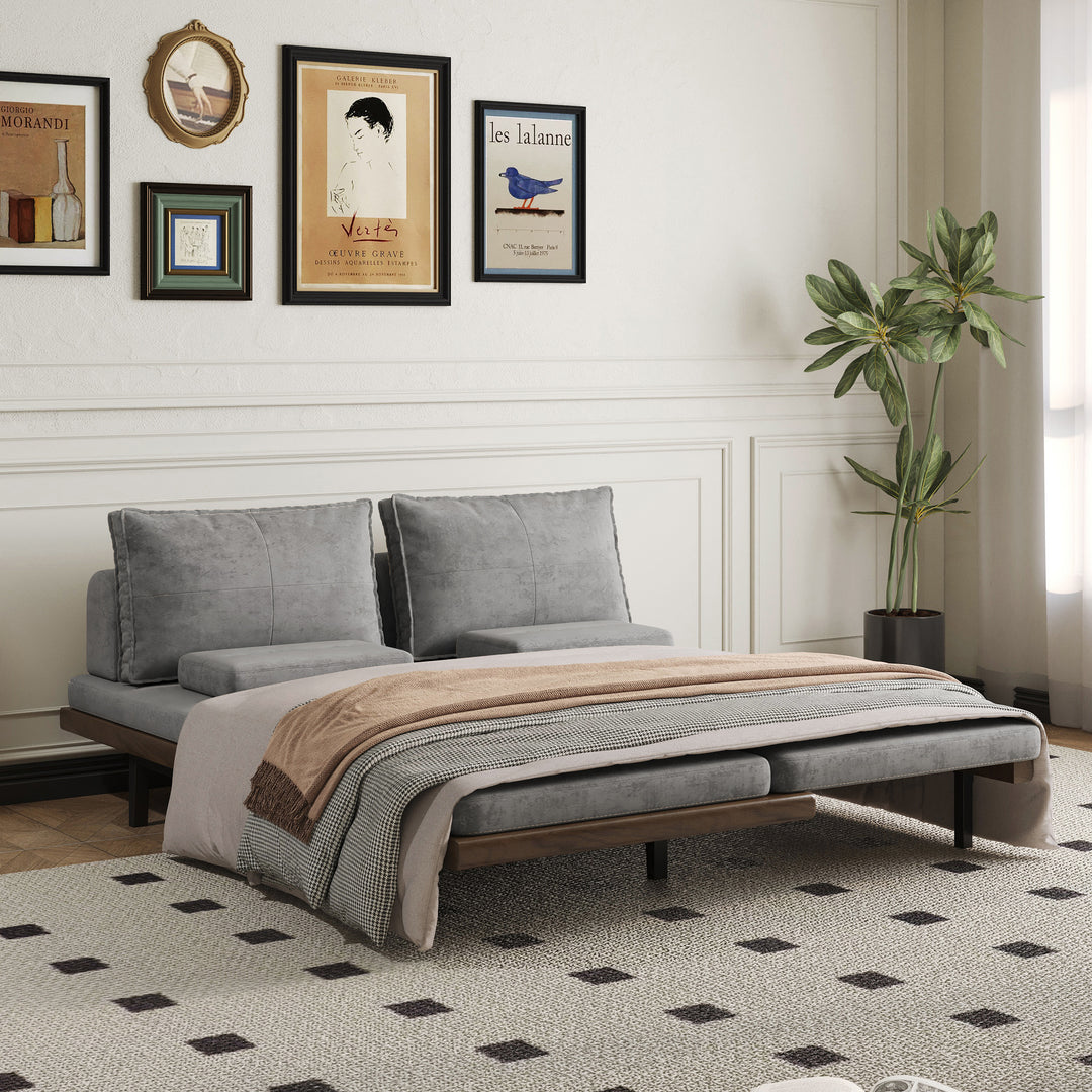 Up to 78.7" Cotton & Linen Pull Out Sofa Bed Mid Century Modern Grey Wood Convertible Sleeper Sofa