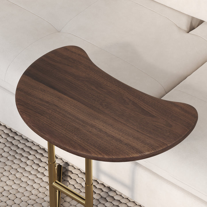 Lift Top Side Table Walnut & Gold C-shaped Adjustable End Table for Living Room