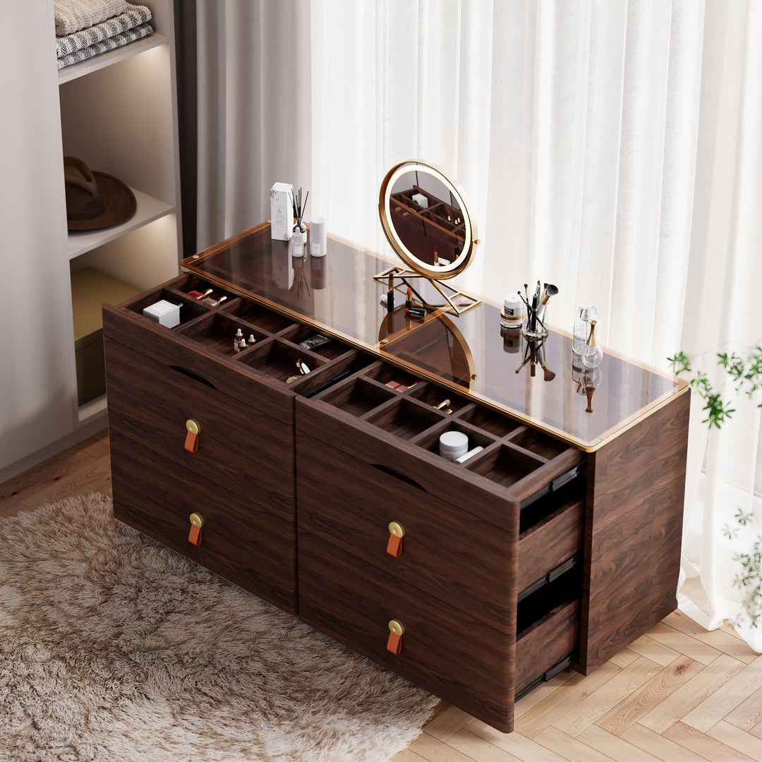 1200mmW Modern Glass Walnut Wood Dresser 6 Drawer Closet Island with Jewelry Display Storage