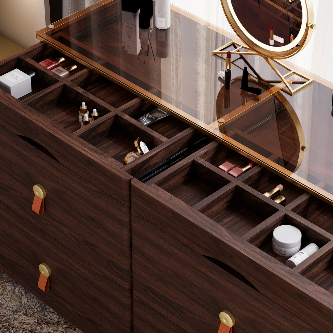 1200mmW Modern Glass Walnut Wood Dresser 6 Drawer Closet Island with Jewelry Display Storage