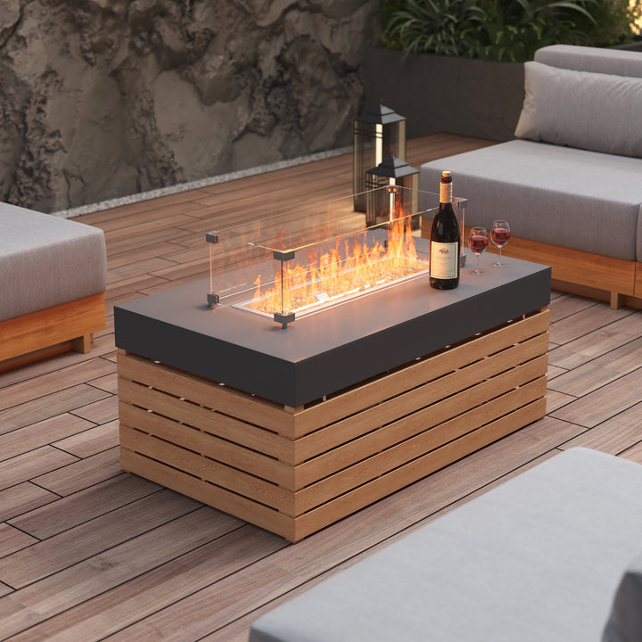 Propane Gas Fire Pit Table with Glass Wind Guard & Gray Outdoor Sectional Sofa Set