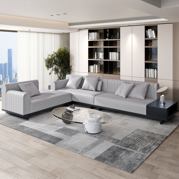 157" Faux Leather L-Shaped Sectional Sofa Modern Light Gray Sectional with Storage Side Table