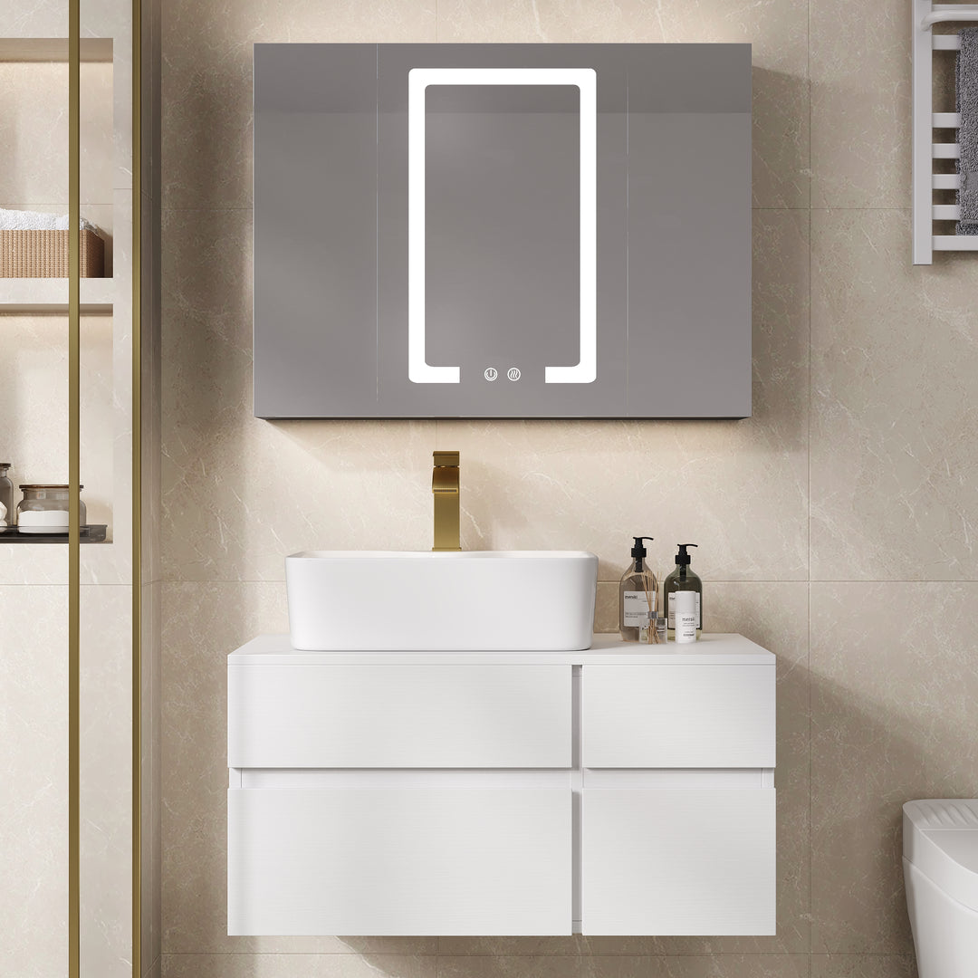 31" Floating Wall-mounted Bathroom Vanity Faux Marble Top with Ceramic Vessel Sink White