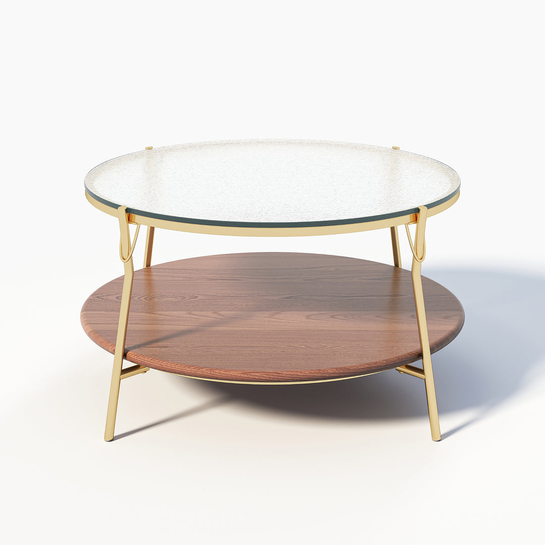 Glass Top Double-Layered Coffee Table with Metal Frame and Wood Layer