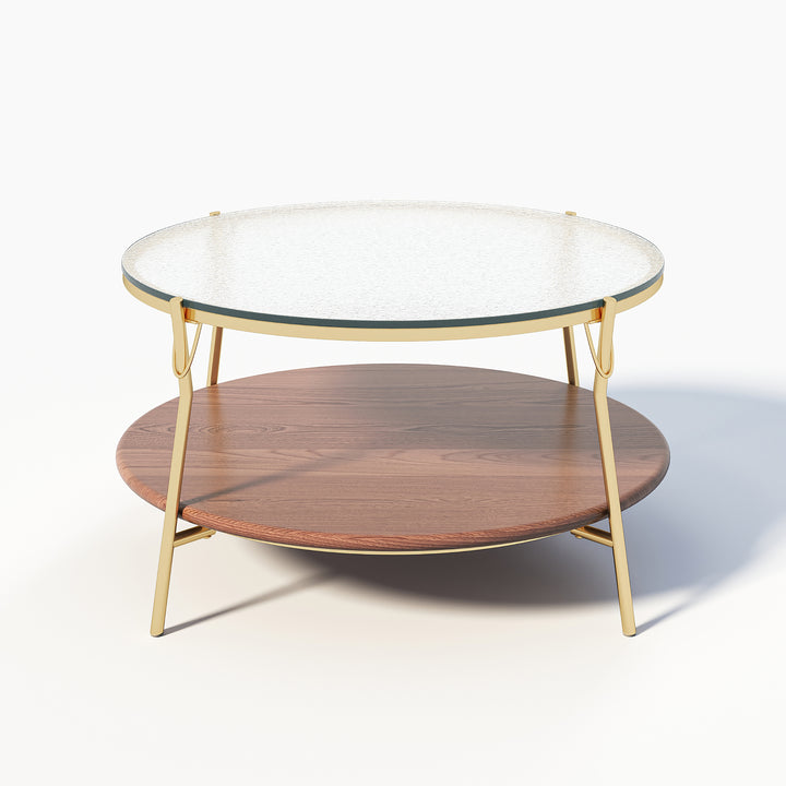 Glass Top Double-Layered Coffee Table with Metal Frame and Wood Layer