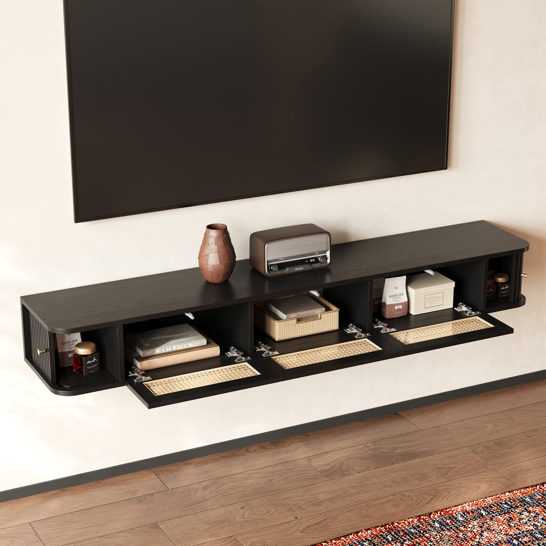 Ratten 1600mm LED Floating TV Stand Mid-Century Modern Black Media Console