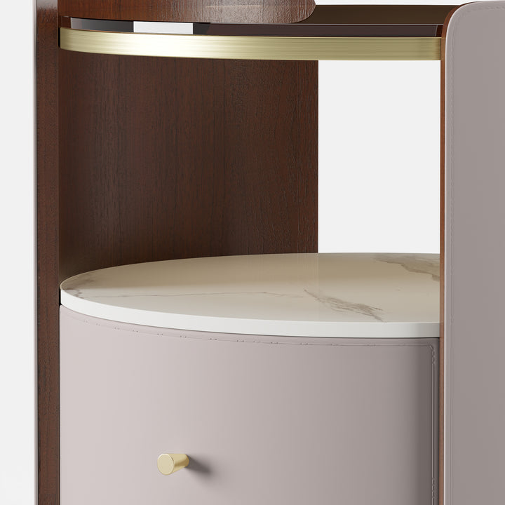 Modern Round Grey Leather Nightstand with Glass Top & Sintered Stone Bedside with Shelf