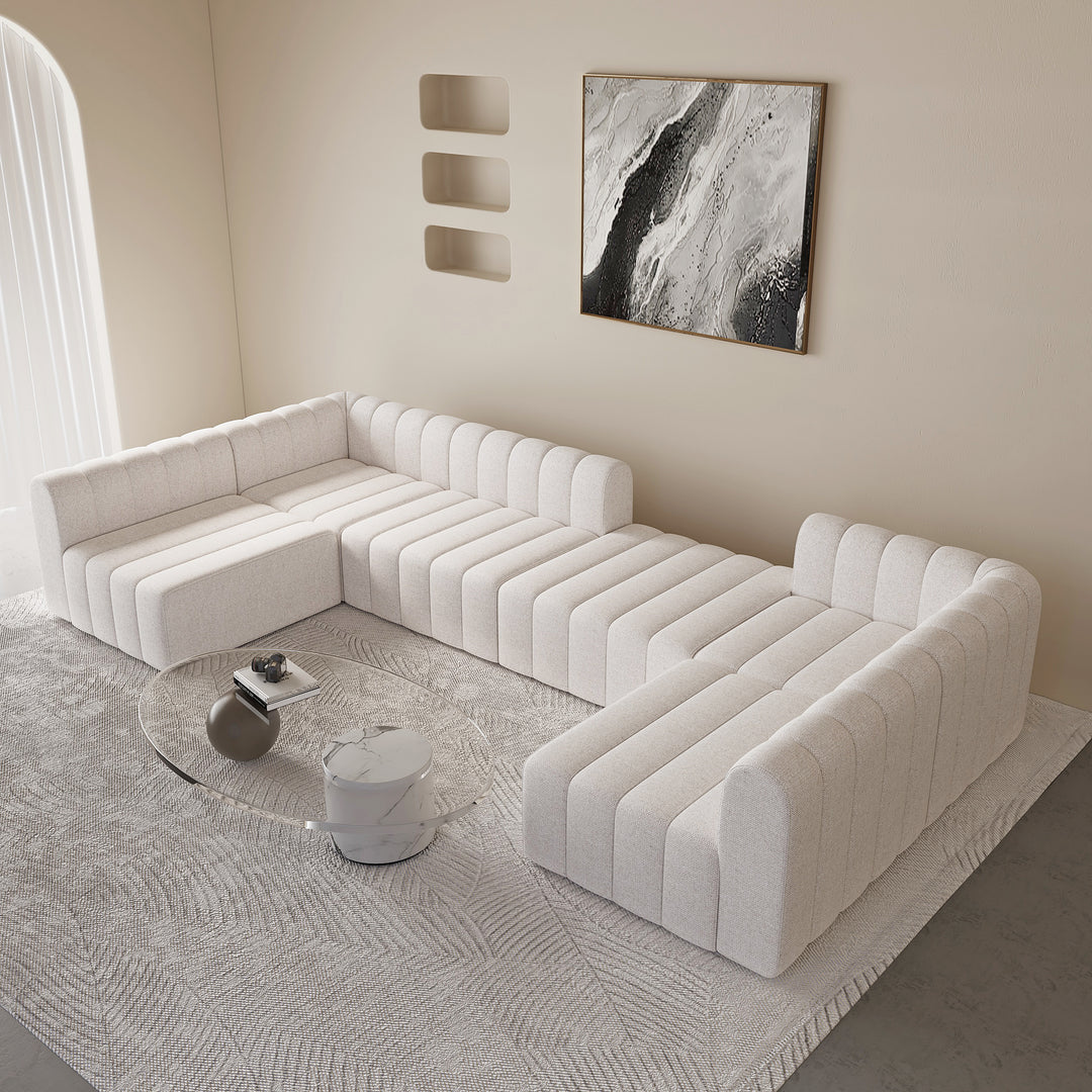 3020mm White Cotton Linen Modular Pit Sectional Sofa Set Convertible 6-Seater