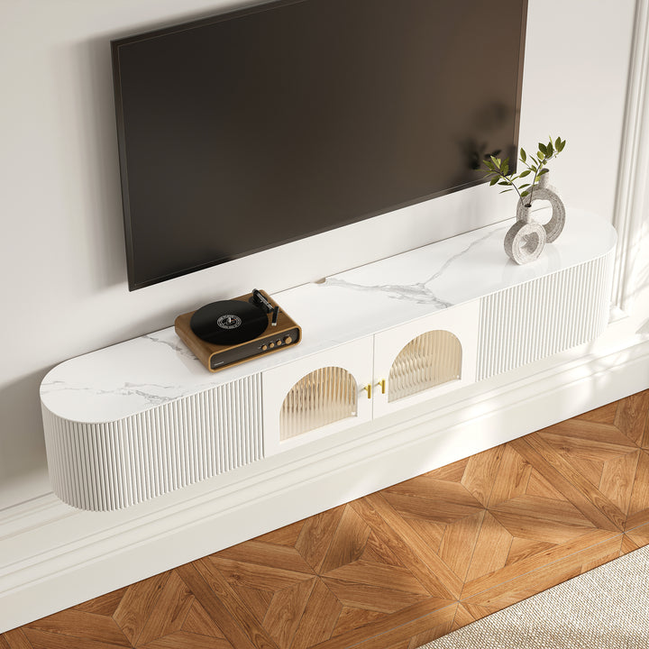 Modern White Floating Media Console Wall-Mounted TV Stand with Storage Sintered Stone Top for 1800 TV